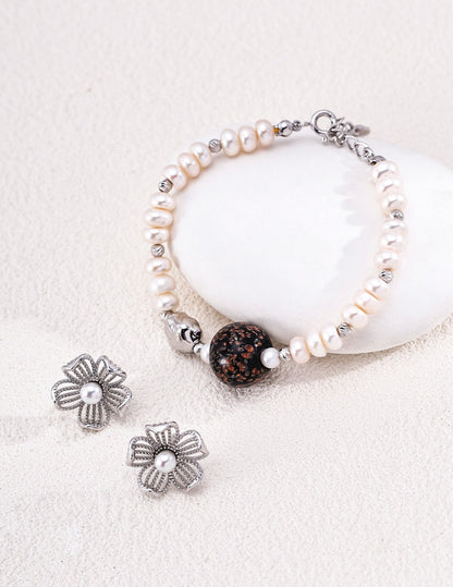 Fleur Filigree Hoop Earrings with Terre Pearl & Lava Bracelet